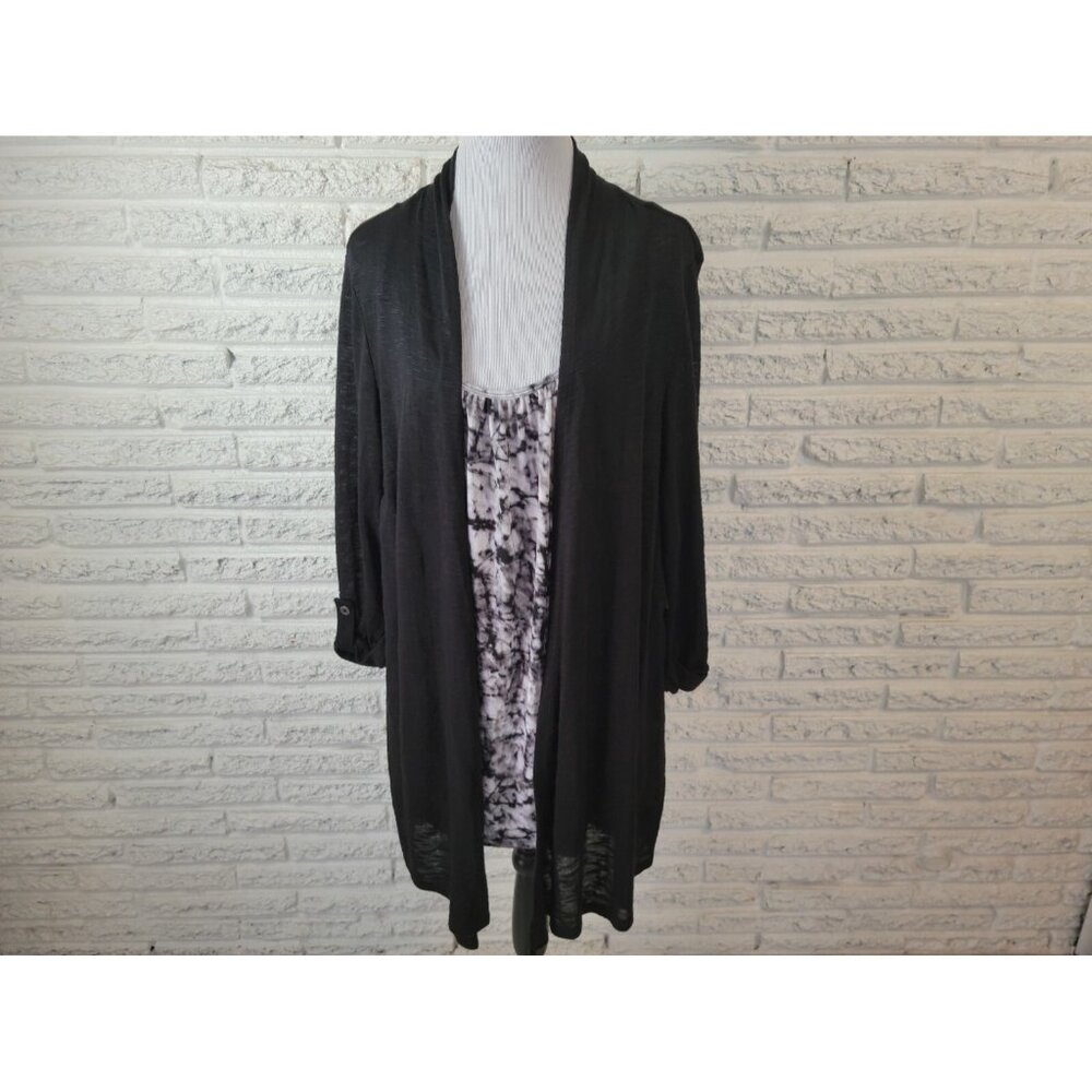 Terra Sky Women Top 2X Plus Pullover Roll Tab Sleeve Black Tie Dye TIE9XE